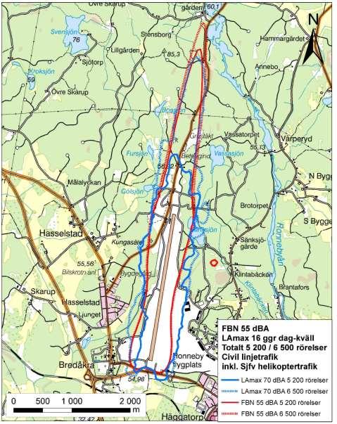 Figur 13 Resultat av beräkning av FBN 55 dba och LAmax 70 dba 16 ggr dag/kväll för enbart civil trafik och 5 200 rörelser i linjetrafik respektive 6 500 rörelser i