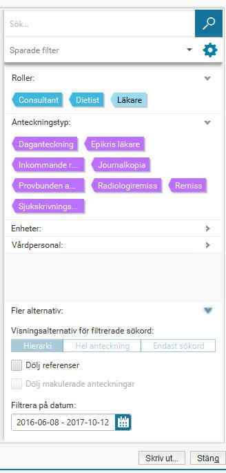 Förklaring av ikonerna i journalvyn Bild 20 Öppna och stänga översiktspanelen (till höger Filtreringsmöjligheter, se nedan 2018-11-25 2 14(14) Komprimerad anteckning (används inte i nuläget) Ställa