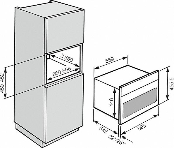 H 5000 BM, H 6000 BM - 45 cm (skiss) * Med glasfront ** Med