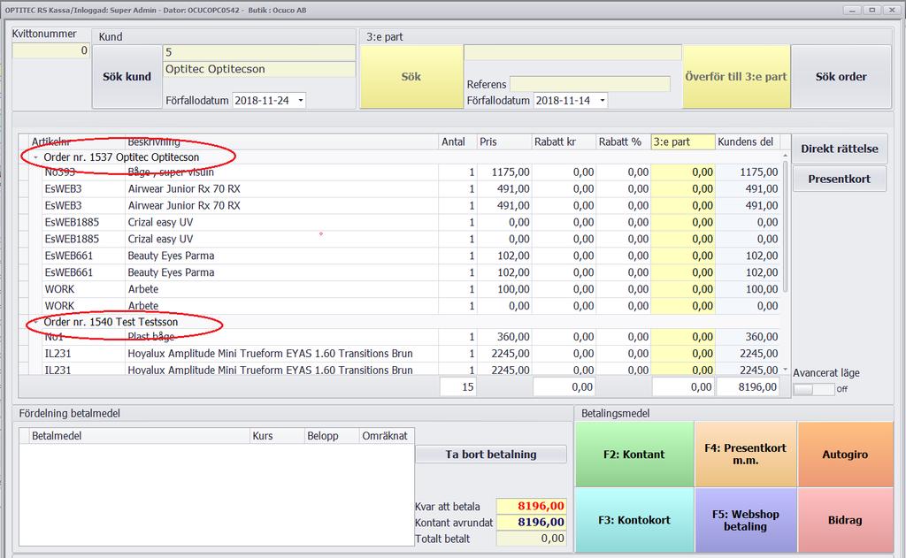 Ta betalt av olika kunder på samma order Optitec RS Kassa har nu också möjlighet att hantera upphämtning av ordrar från olika kunder. Kundernas ordrar grupperas enligt bild nedan.