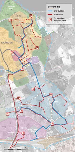 GENOMFÖRANDE Teknisk försörjning och energi Vatten och avlopp En utbyggnad enligt intentionerna i den nya översiktsplanen för Ekängen- Roxtuna- Gärstad- Distorp kommer utöver nya förbindelseledningar