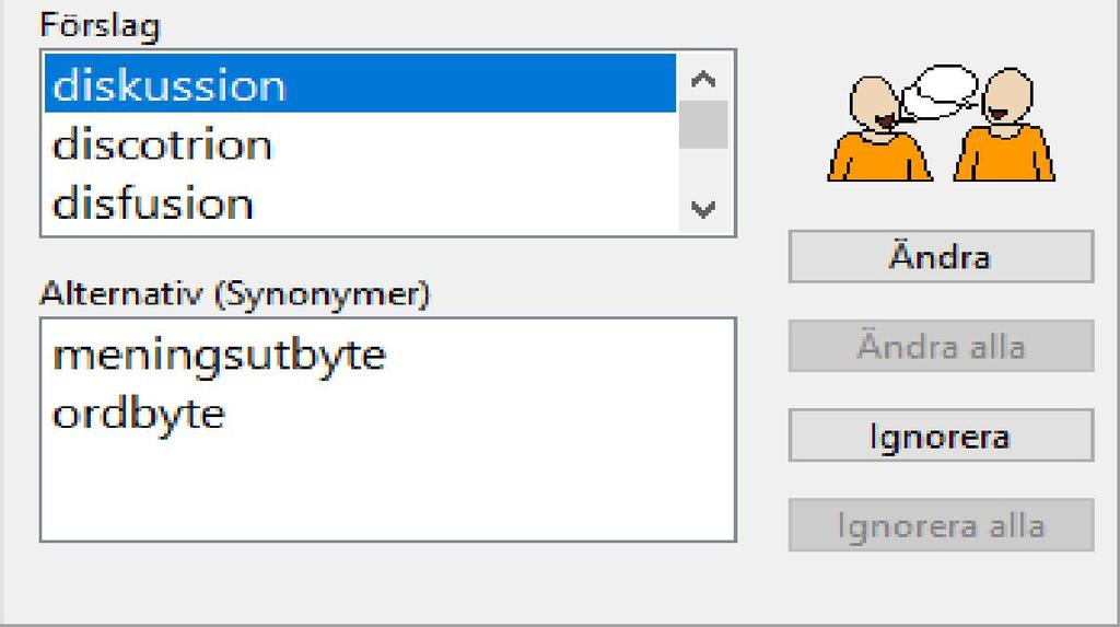 Ändra "Förslag" och "Synonymer" Genom att klicka på Ändra rättas ordet till ditt val och går till nästa ord som är felstavat.