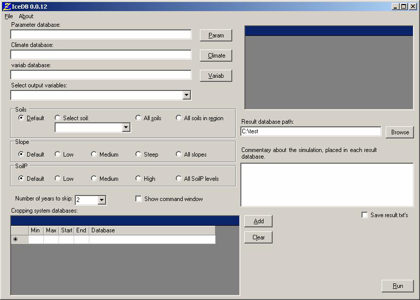 The main window is shown in Figure 3. To start a simulation, first load the parameter, climate and variable databases by clicking the buttons Param, Climate, Variab and select the database.