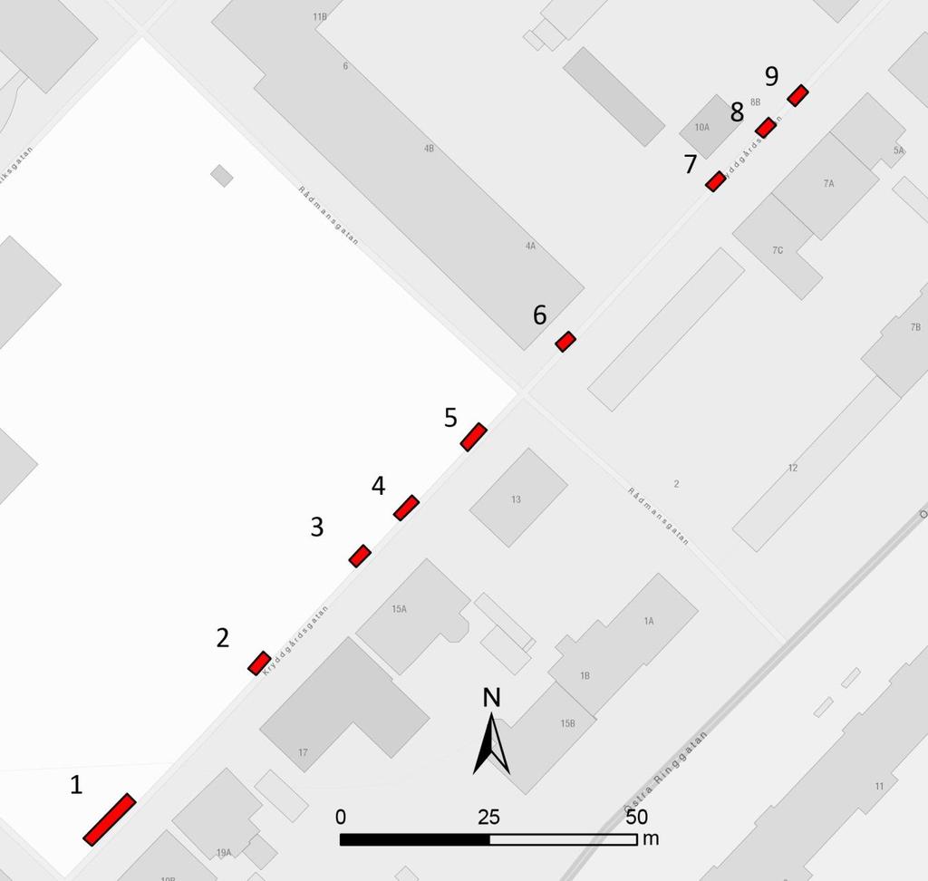 Figur 6. Schaktplan över schakten på Kryddgårdsgatan. Skala 1:1 000.