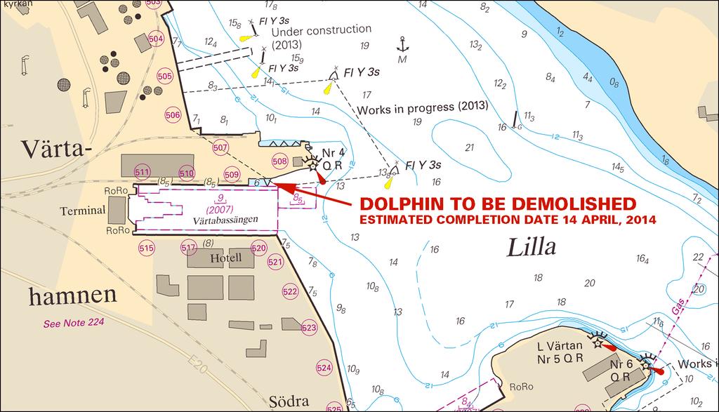 2014-03-13 8 Nr 485 Tid: T.o.m. 14 april 2014. Dykdalben vid färjeläge 509 på den norra sidan av Värtabassängen kommer att avlägsnas.
