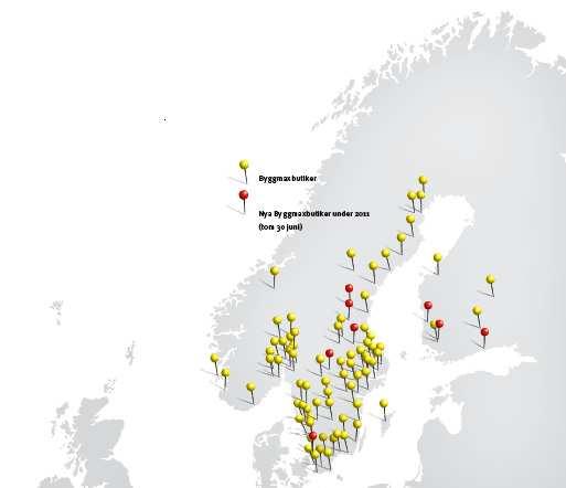 Butiker åtta butiker öppnade under de första sex månaderna, fem planerade öppningar för Q3 2011 Butiksnätverk 30 juni 2011 Följande etableringar har offentliggjorts: -Sverige: