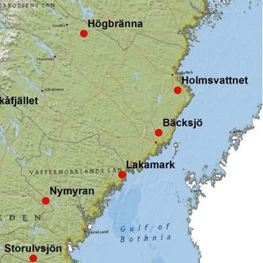 Figur 7. Karta över mätlokaler i norra Sverige inom Krondroppsnätet som använts i denna jämförelse.