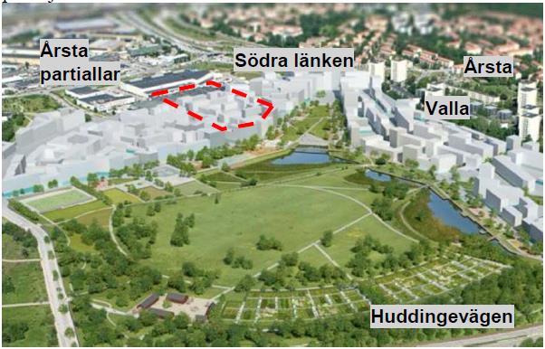 Figur 3. Planens läge i förhållande till parken och övrig bebyggelse.