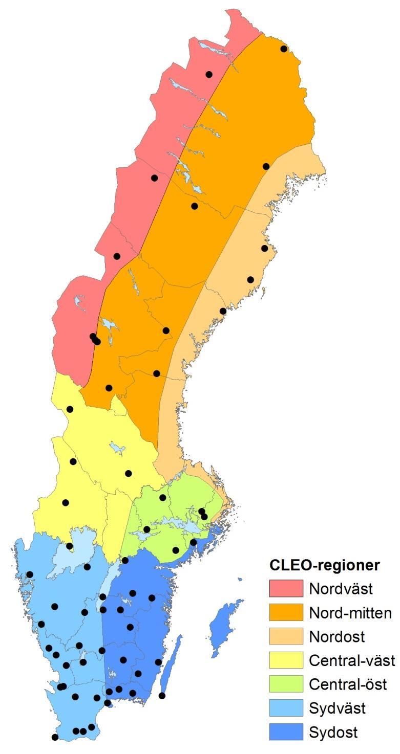 Figur 4. Sju geografiska regioner som användes i ett av Naturvårdsverket finansierat forskningsprogram CLEO.