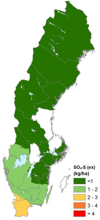 C, Interpolerad karta för svavelnedfallet (exklusive havssaltsbidraget) i Sverige under kalenderåret 2015 till samtliga krondroppsytor.