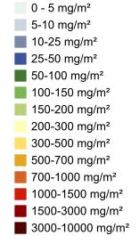 N/ha/år). (100 mg/m 2 = 1 kg/ha) Figur 11. 2015 års våtdeposition av ammoniumkväve.