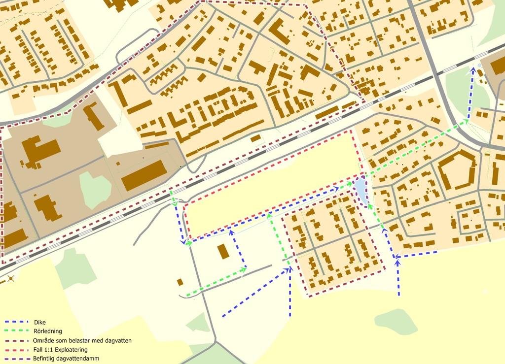 Figur 1. Karta med beskrivning av ledningsnät, diken och områden över Fall. Geologiska förutsättningar En översiktlig geoteknisk undersökning är utförd av Sweco under våren 2015.