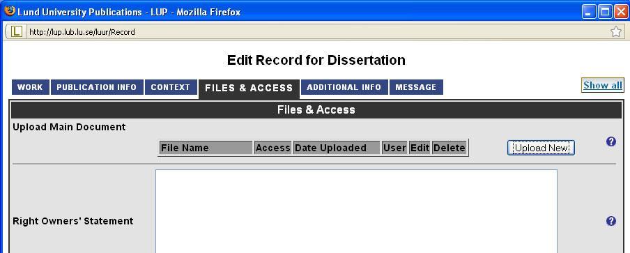 FILES & ACCESS Upload Main Doc. Klicka på Upload New för att ladda upp fil. Du kan ladda upp fil på två olika sätt, antingen från en lokal fil (ex.