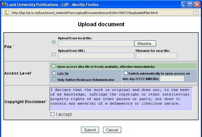 Access Level Open Access detta alternativ gör filen fritt tillgäng för alla. Om din avhandlig är en sammanläggningsavhandling kanske du inte kan göra hela avhandlingen fritt tillgänglig.