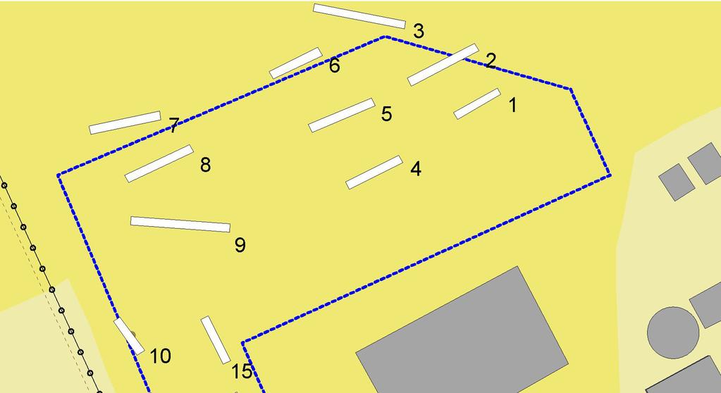 Bosgården Hornborga - arkeologisk utredning 2013 2013:38 Figur 3. Plan över utredningsområdet där de grävda sökschakten nr 1-15 markerats.