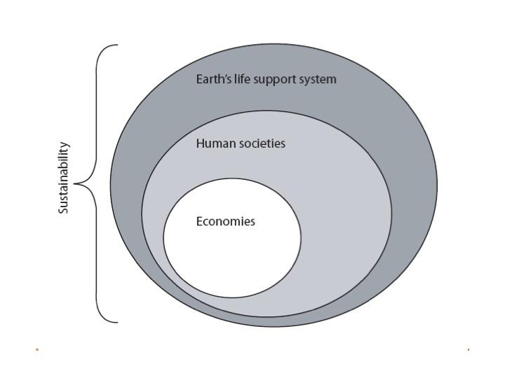 Figur 1. Tre nivåer av hållbarhet och förhållandena dem emellan. Den största cirkeln är ekosystemet ( Earth s life support system ) eftersom detta är en förutsättning för allt mänskligt liv på jorden.