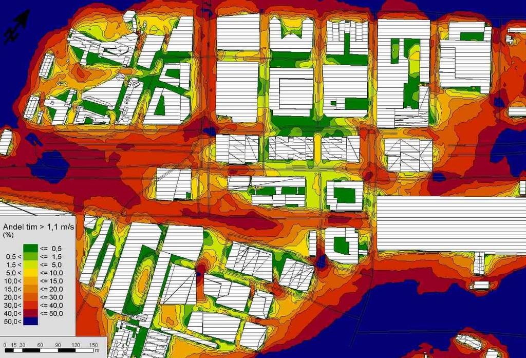 16 RAPPORT LOKALKLIMAT Figur 6 Andel av timmar per år (%) med vindhastighet över