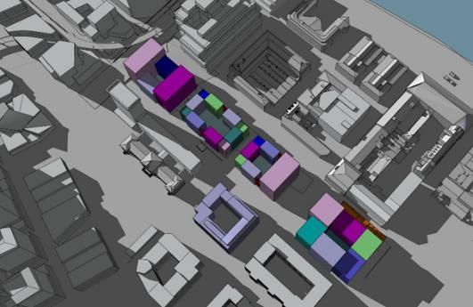 Solen når även ner på innegårdarna kortare stunder (max 20-30%) för byggnad B och C, dock inte alls i innergården till byggnad A och D.