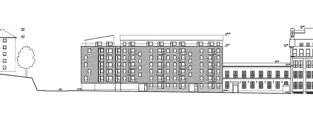 6 (12) Dp 2007-36100-54 Sektion genom kvarteret Tobaksmonopolet 4 och Rosenlundsgatan. Nyréns Arkitektkontor AB Byggnadsvolymen mot Maria Skolgata är ett mer renodlat bostadshus.