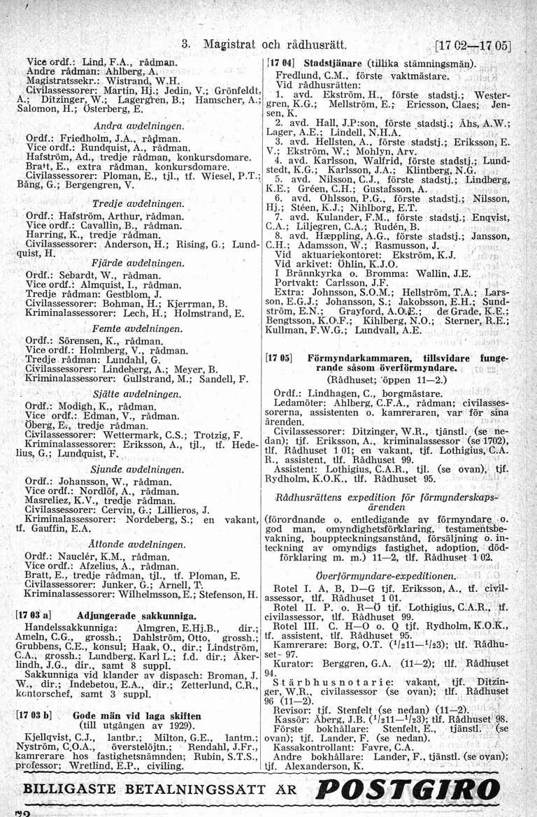 Vice ordf.: Ijna F.A., rädman. Andre radman: Ahlberg, A. Magistratssekr.: Wistrand, W.H. Civilassessorer: Martin, Hj.; Jedin, V.; Gronfeldt, A.; Ditzinger, W.; Lager&%-enen, B.; Hamscher, A.