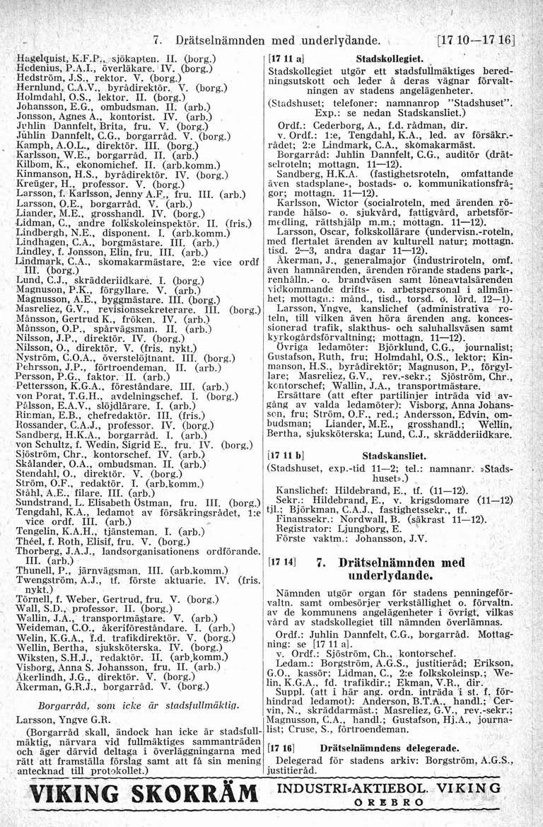 Hagelquist, K.F.P., sjokapten. Il. (borg.) Hedenius, P.A.I., överlakare. IV. (borg.) Hedstrom, J.S., rektor. V. (borg.) Hernlund, C.A.V., byrådirektor. V. (borg.) IIolmdahl, OS., lektor. II. (borg.) Johansson, E.