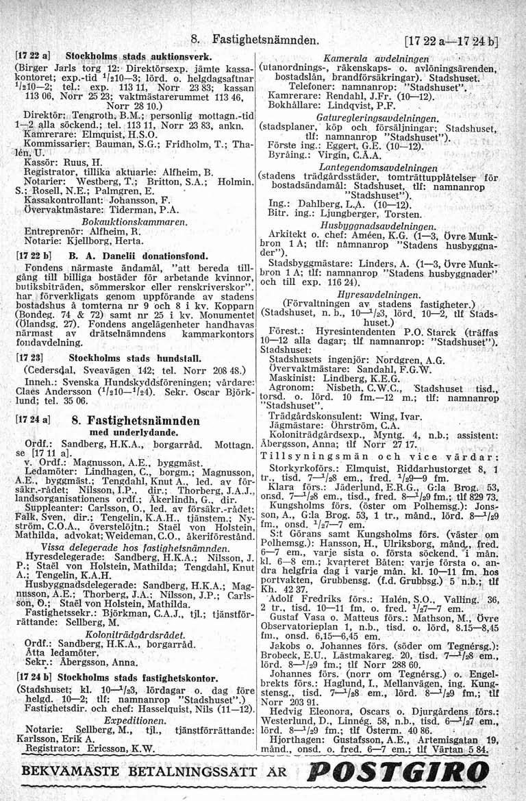 8. Fastighetsnämnden. ~ zrr al Stoekhoim stads auktionsverk. (Birger Jarls torg 12: Direktörsexp. jämte kassakontoret; exp.-tid i/a1~-3; lord. o. helgdagsaftnar i/e10-2; tel.: exp.