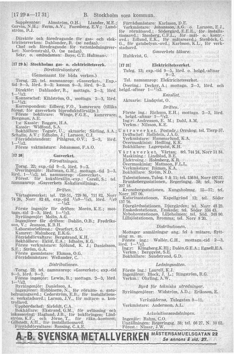 [l7 29 a-17 311 B. Stockholm som kommun. Suppleanter: Almstrom, O.H.; Liander, M.E.; Forradsmästare: Karlsson, D.E. Ccrvin, N.H ; Ferm, A.V.; Forssberg, E.V.; Lund- Verkmastare: Johansson, A.G. o.