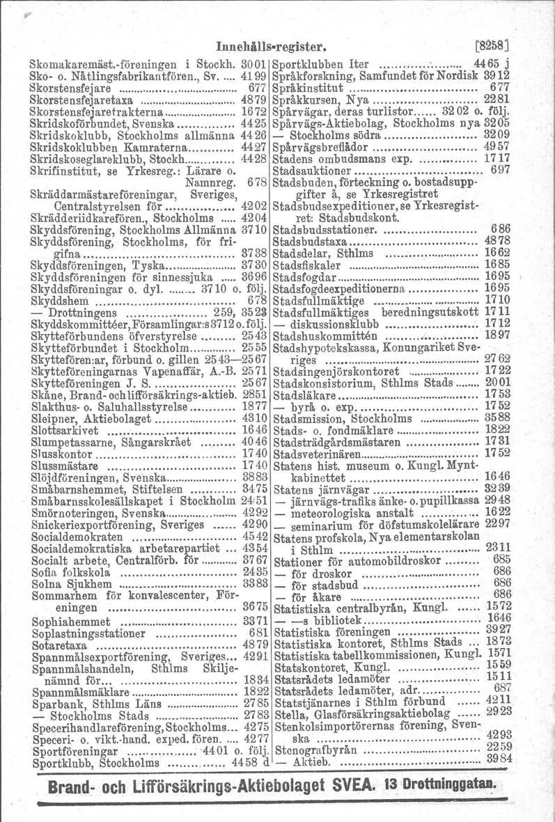 Innehålls-register. [8258 J Skomakaremäst. föreningen i Stockh. 3001 Sportklubben Iter.'... 4465 j Sko- o. Nåtlingsfabrikantfören., Sv 4199 Språkforskning, Samfundet för Nordisk 3912 Skorstensfe.