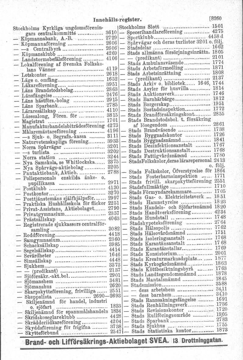 Innehålls-register, [8260 Stockholms Kyrkliga nngdomsförenin- Stockholms Slott 1501 gars centralkommitte...... 3610 - Specerihandlareförening 4275 _ Köpmannabank, A.