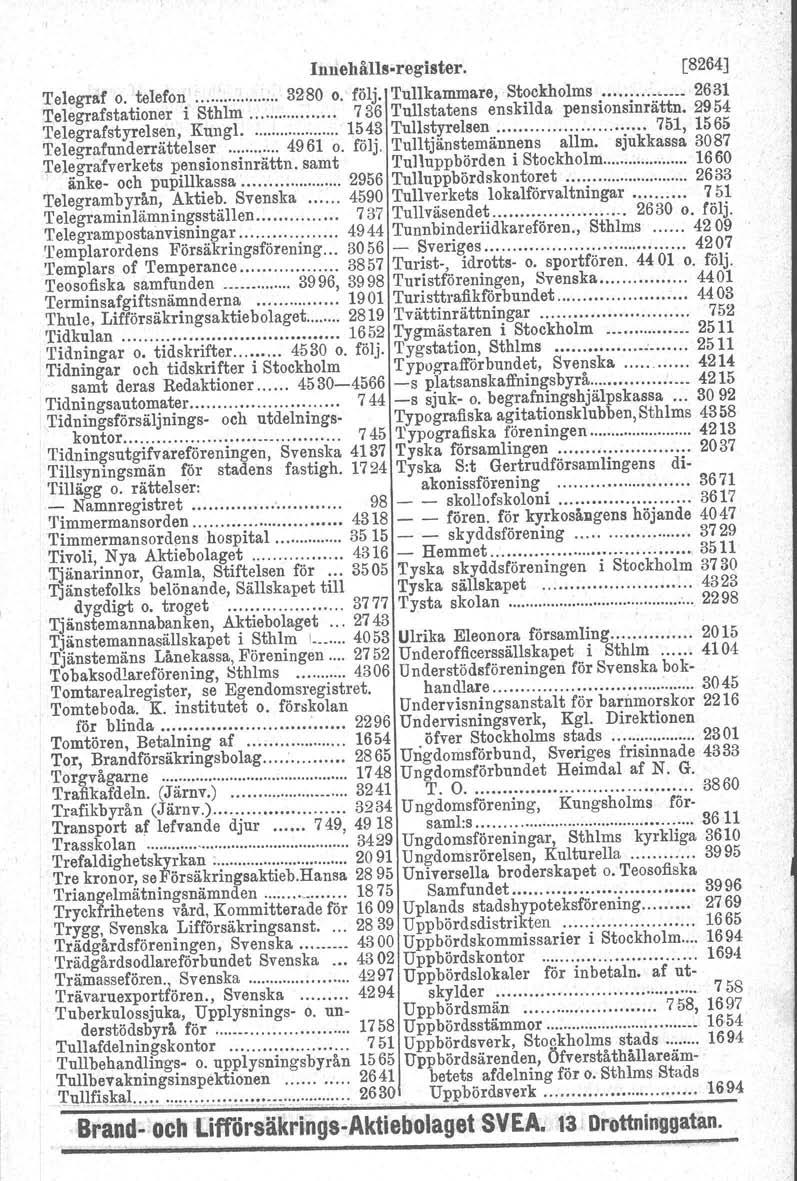 Innehålls-reglster. [8264] Telegraf o. telefon 3280 o. följ. Tullkammare, Stockholms... 2631 Telegrafstationer i Sthlm 736 Tullstatens enskilda pensionsinrättn. 2954 TelegrafstyreIsen, Kungl.