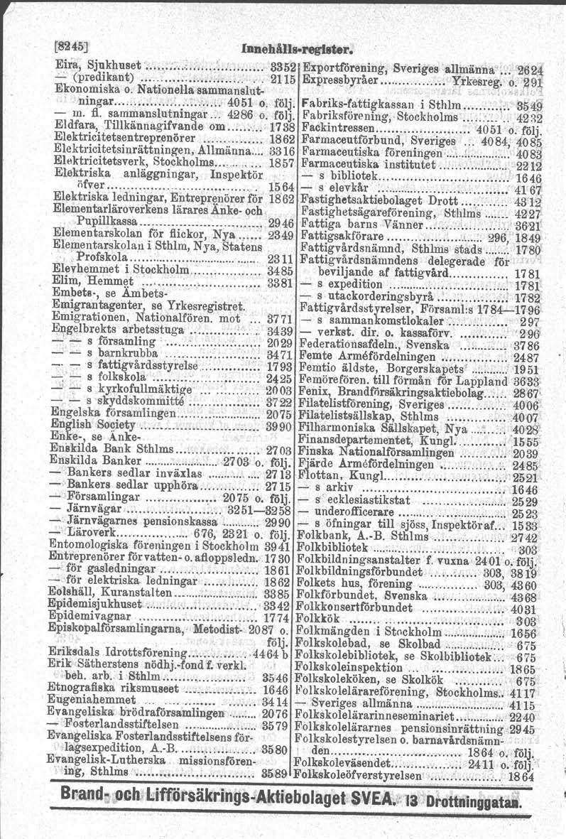 207-5 [82 45J Innehålls-reglster. Eiia, Sj~khuseL.... :.. :.; : : 8352 Exportförening, Sveriges 'anmäiin~';;. ~262~ -'- (predikant) :.. :. ; 2115 Expres~byråer : Xrkesreg.o., 29 5 Ekonomiska o.