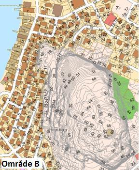 Lutningen faller i båda områdena mot viken. Figur. Topografin i områdena. (Västvatten Geosecma).