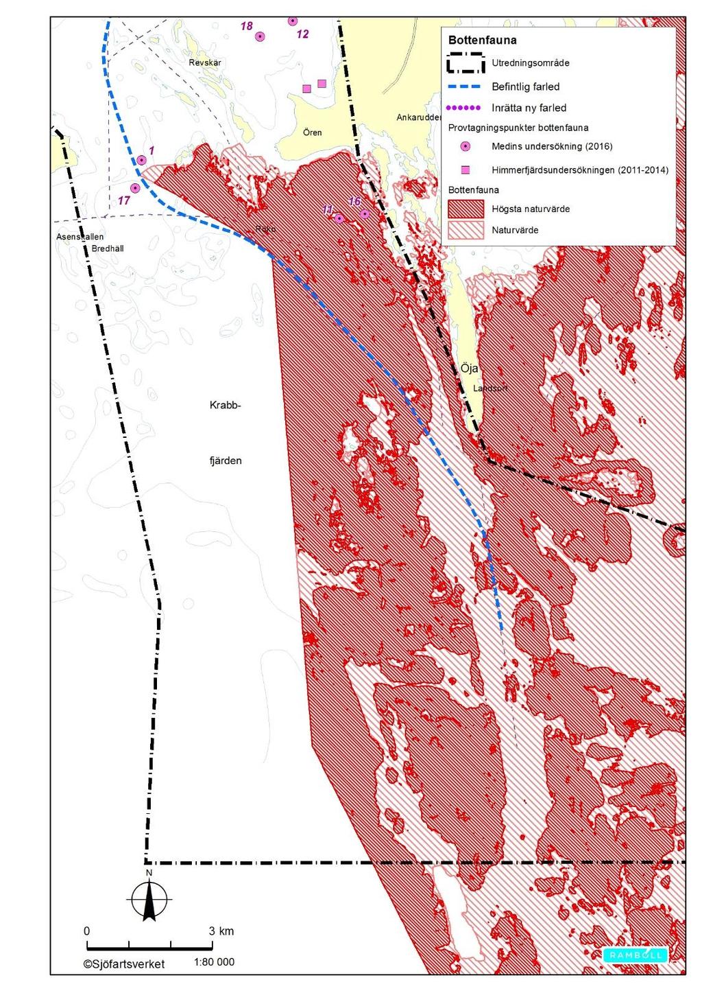 Figur 2c. Områden med förutsättningar för höga naturvärden med avseende på bottenfauna Röda ytor markerar högsta naturvärde. Streckade ytor markerar områden med något lägre naturvärden.