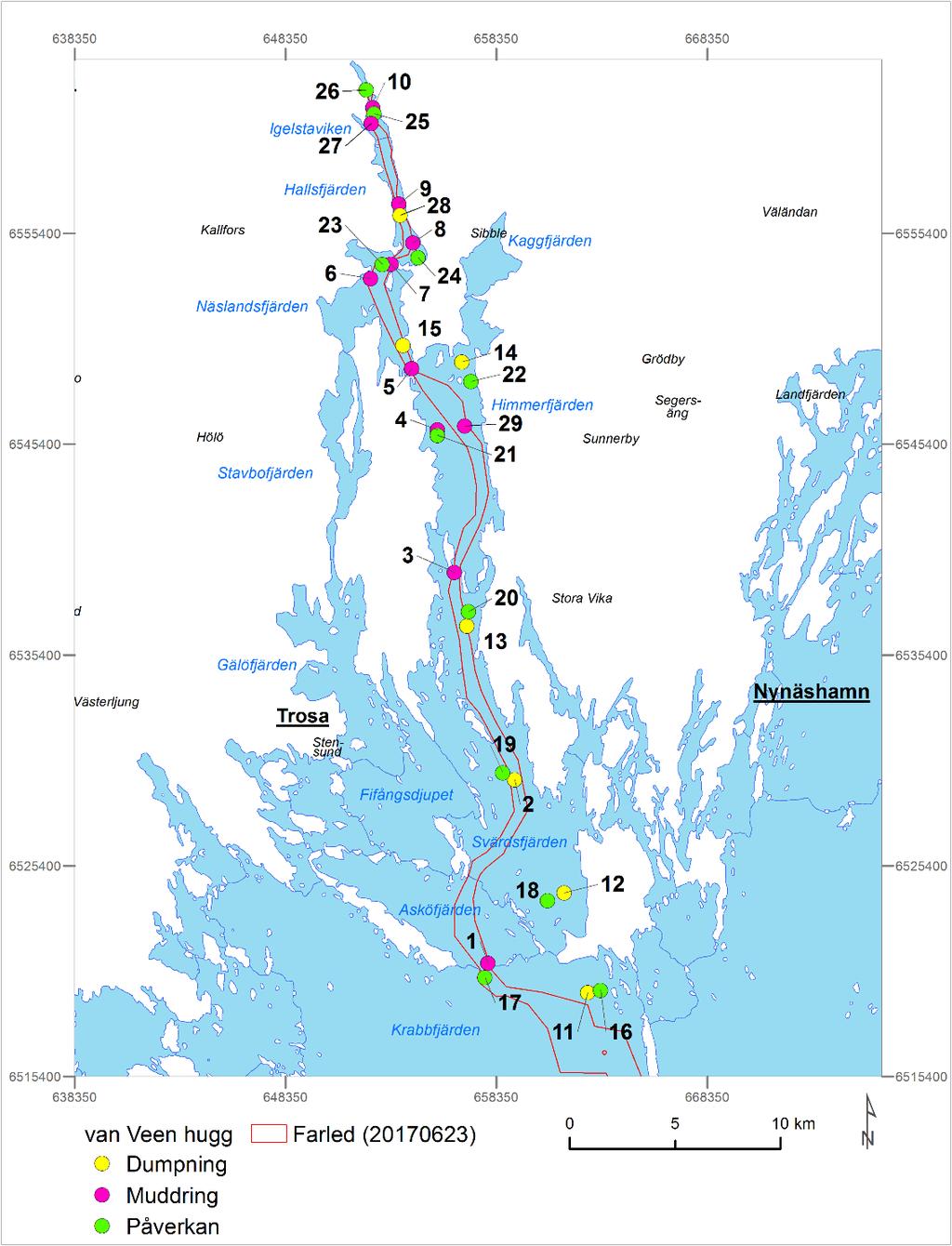 Provtagning Provtagningen av marin mjukbottenfauna utfördes den 23 till 25 maj 2016 samt 8 juni 2017. Totalt undersöktes 29 stationer (Tabell 1, Figur 1 