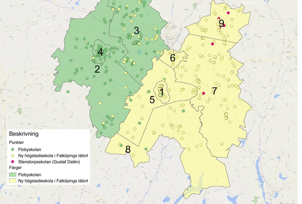 Karta med val av högstadieskola Kartan visar samtliga respondenter utmarkerade som punkter på kartan. De färglagda områdena baseras på SCBs områdesindelning DeSO.