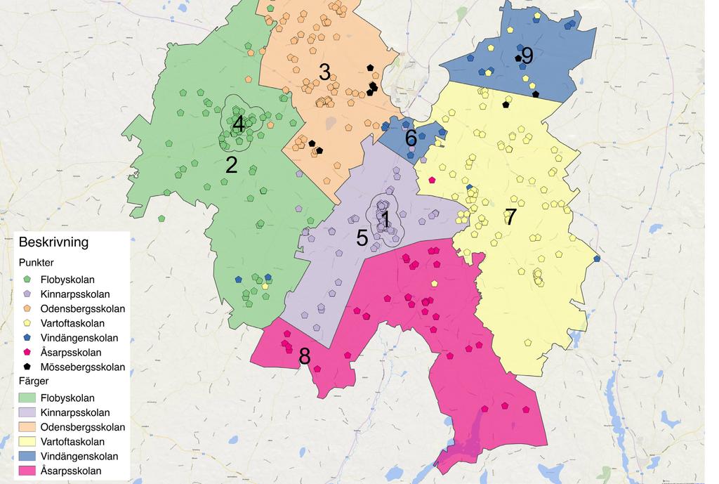Karta med val av grundskola upp till åk 6 Kartan visar samtliga respondenter utmarkerade som punkter på kartan. De färglagda områdena baseras på SCBs områdesindelning DeSO.
