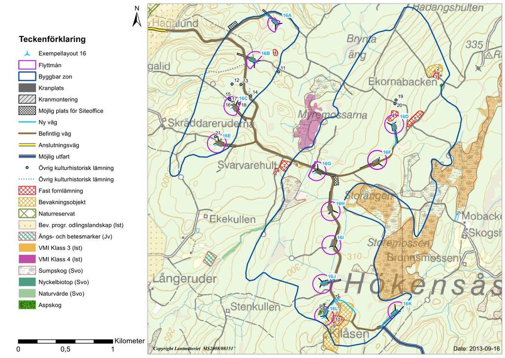 3 Figur 2: Exempellayout 16 med möjliga placeringar av site-office. 1.1 Redovisning av byggnation till och vid respektive position 15A För transport till positionen behöver ca 230 m ny väg anläggas.