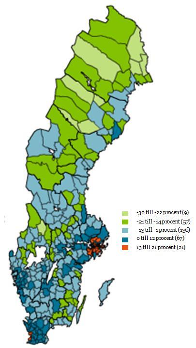 Bild 1 Befolkningstillväxt (16-64 år) kommuner 2011-2025 [1] [1] Underlaget till detta stycke är en speicalbearbetning av SCB:s senaste befolkningsprognos, nedbruten på län och kommuner.