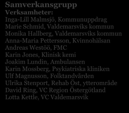 Folktandvården Ulrika Stenport, Rehab Öst, ytterområde David Ring, VC Region Östergötland Lotta Kettle, VC Valdemarsvik Projektstöd: FM koordinator avtal Robert Nilsson 1.