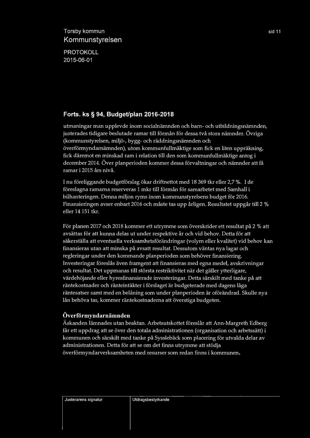 sid 11 Forts. ks. 94, Budget/plan 2016-2018 utmaningar man upplevde inom socialnämnden och barn- och utbildningsnämnden, justerades tidigare beslutade ramar till förmån för dessa två stora nämnder.