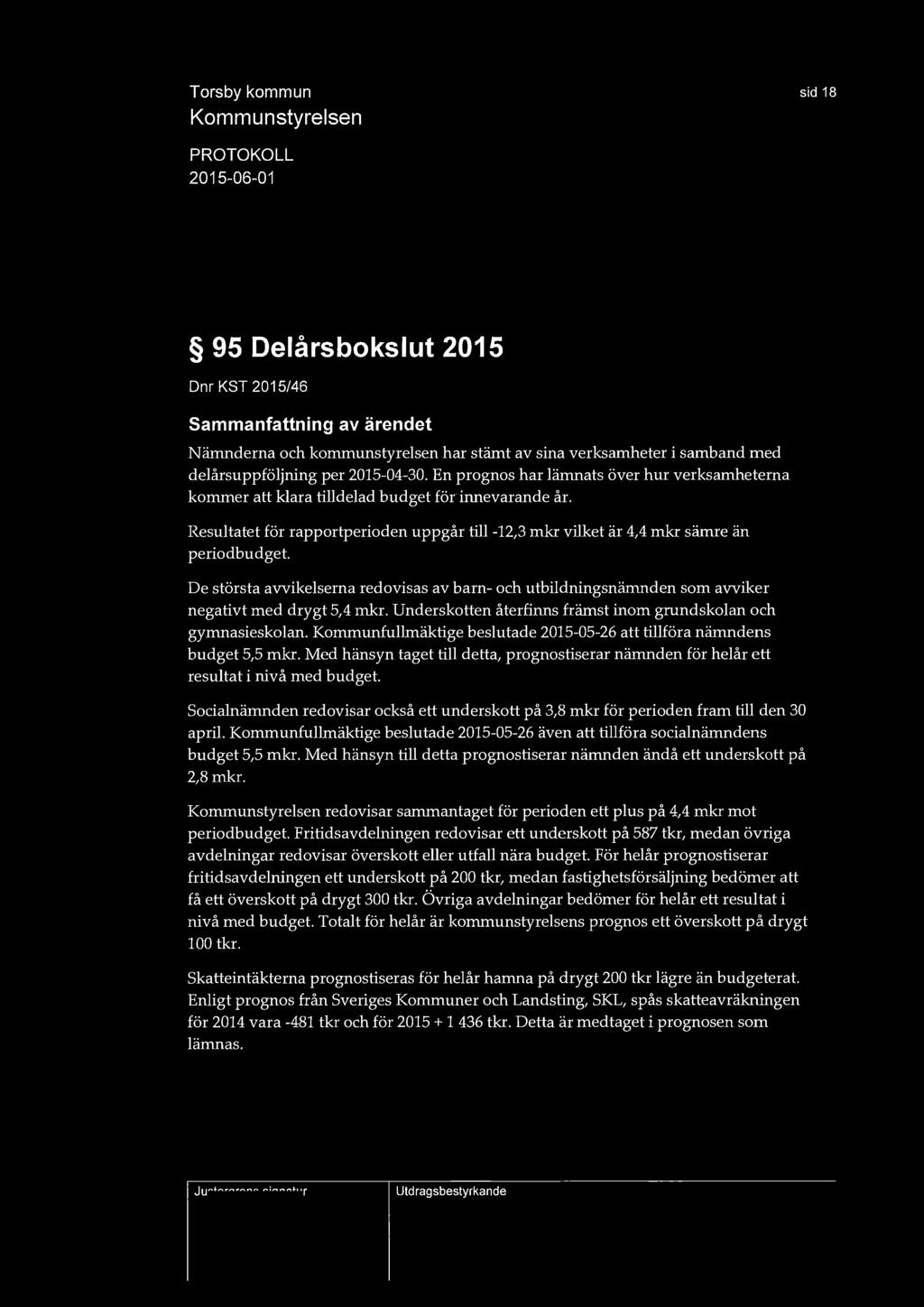 sid 18 95 Delårsbokslut 2015 Dnr KST 2015/46 Nämnderna och kommunstyrelsen har stämt av sina verksamheter i samband med delårsuppföljning per 2015-04-30.