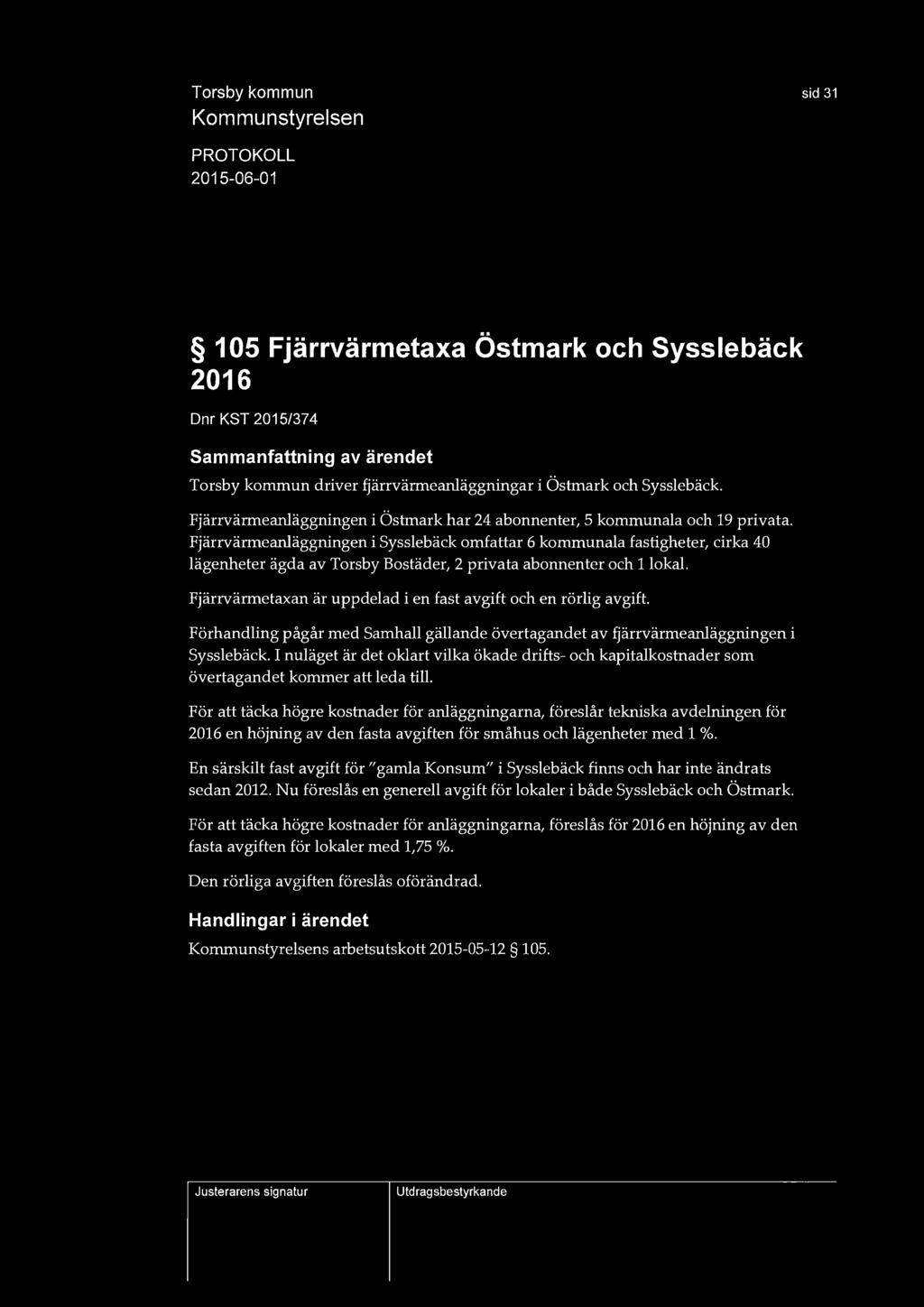 sid 31 105 Fjärrvärmetaxa Östmark och Syssiebäck 2016 Dnr KST 2015/374 Torsby kornmun driver fjärrvärmeanläggningar i Östmark och Syssiebäck Fjärrvärmeanläggningen i Östmark har 24 abonnenter, 5
