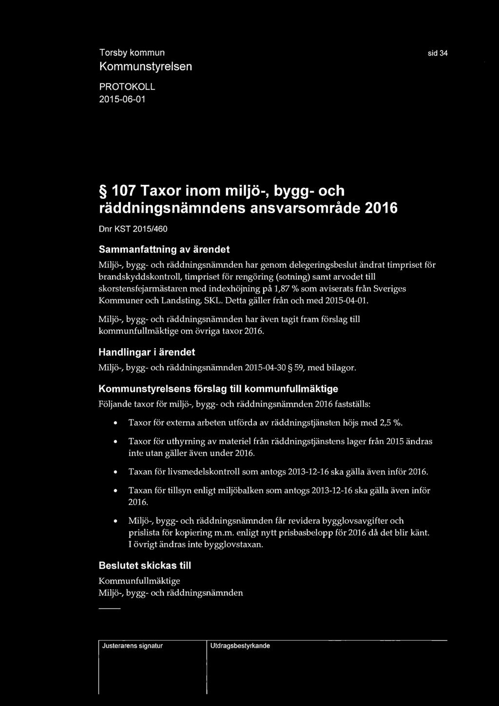 sid 34 107 Taxor inom miljö-, bygg- och räddningsnämndens ansvarsområde 2016 Dnr KST 2015/460 Miljö-, bygg- och räddningsnämnden har genom delegeringsbeslut ändrat tiropriset för brandskyddskontroll,