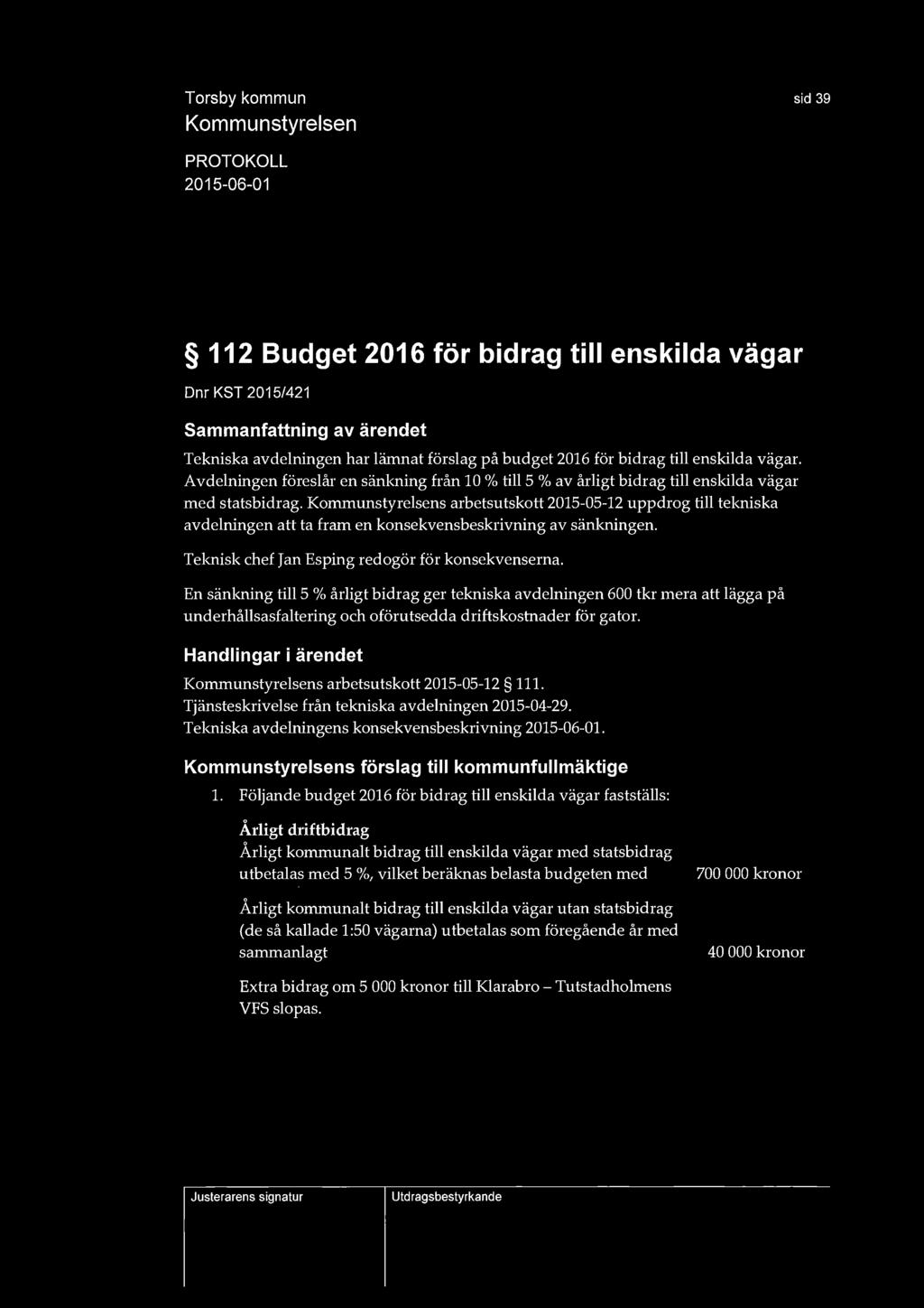 sid 39 112 Budget 2016 för bidrag till enskilda vägar Dnr KST 2015/421 Tekniska avdelningen har lämnat förslag på budget 2016 för bidrag till enskilda vägar.