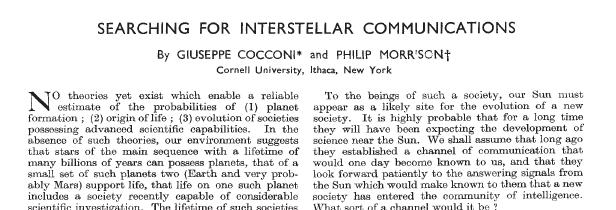 SETIs historia II: Cocconi & Morrison I en artikeln i Nature 1959 föreslog Cocconi & Morrison att man