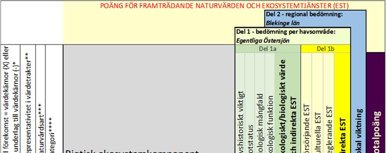 Havs- och vattenmyndighetens rapport 2017:XX Tabell 1. Tabellen visar hur värderingen efter poängsystemet kan se ut i den grundläggande naturvärdesbedömningen.