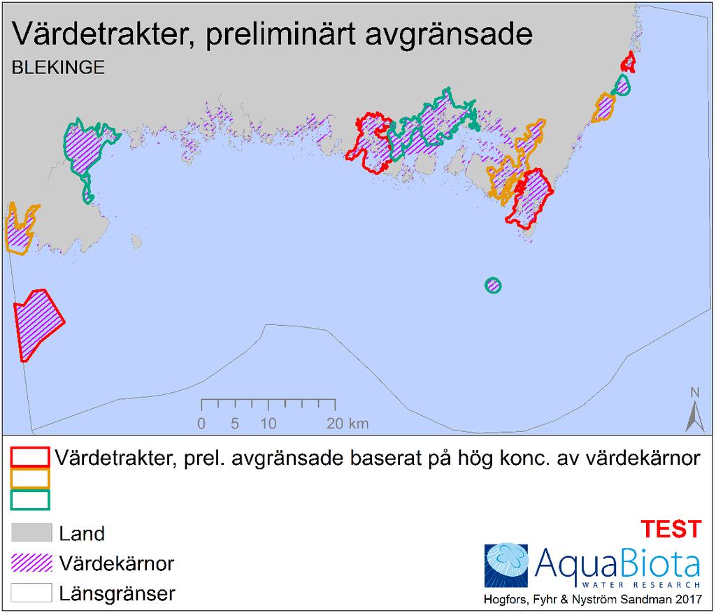 Havs- och vattenmyndighetens rapport 2017:XX Figur 14. Värdetrakter, preliminärt avgränsade baserade på var det finns hög koncentration av värdekärnor.