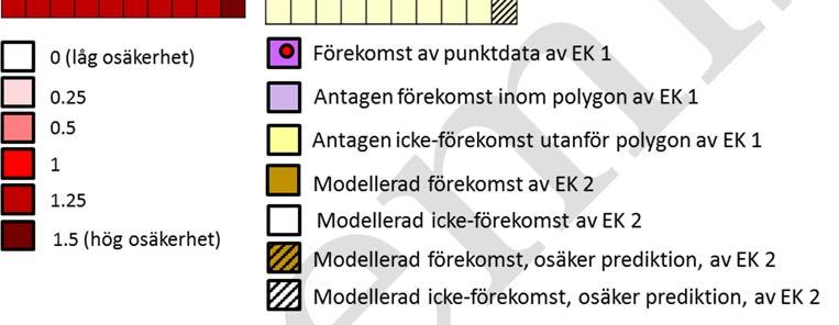 området). Den mellersta vänstra kartan visar hur en osäkerhetskarta skulle kunna se ut utefter en modellerad förekomstkarta av en annan ekosystemkomponent (EK 2).