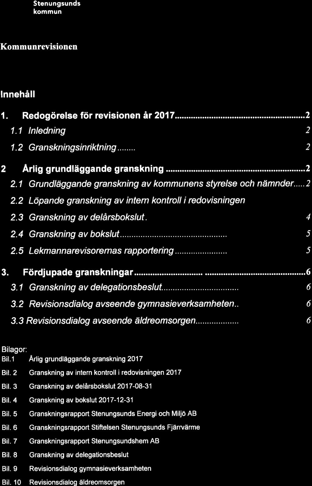 m] U Stenungsunds kommun Kommunrevisionen lnnehåll 1. Redogörelse för revisionen är 2017 1.1 lnledning 1.2 Granskningsinriktning... 2 2 2 2 Arlig grundläggande granskning......2 2.1 Grundläggande granskning av kommunens sfyrelse och nämnder.