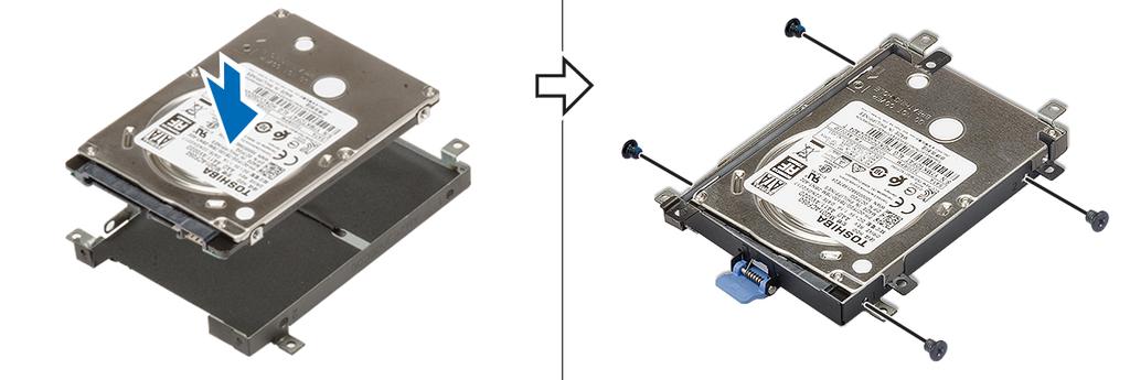 6 Installera hårddiskenheten: a Placera hårddisken i hårddiskhållaren och dra åt de fyra (M3.0x3.0) skruvarna för att fästa hårddisken till hårddiskhållaren.
